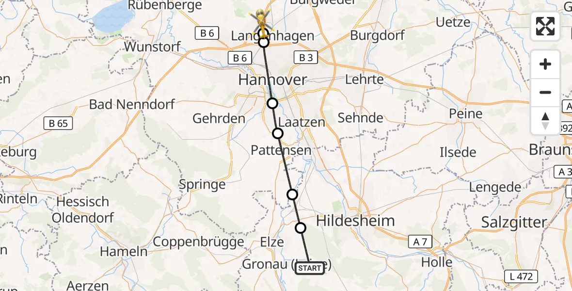 Flugroute Rettungshubschrauber Gronau (Leine) - Flughafen Hannover, 05 August 2026, 15:37