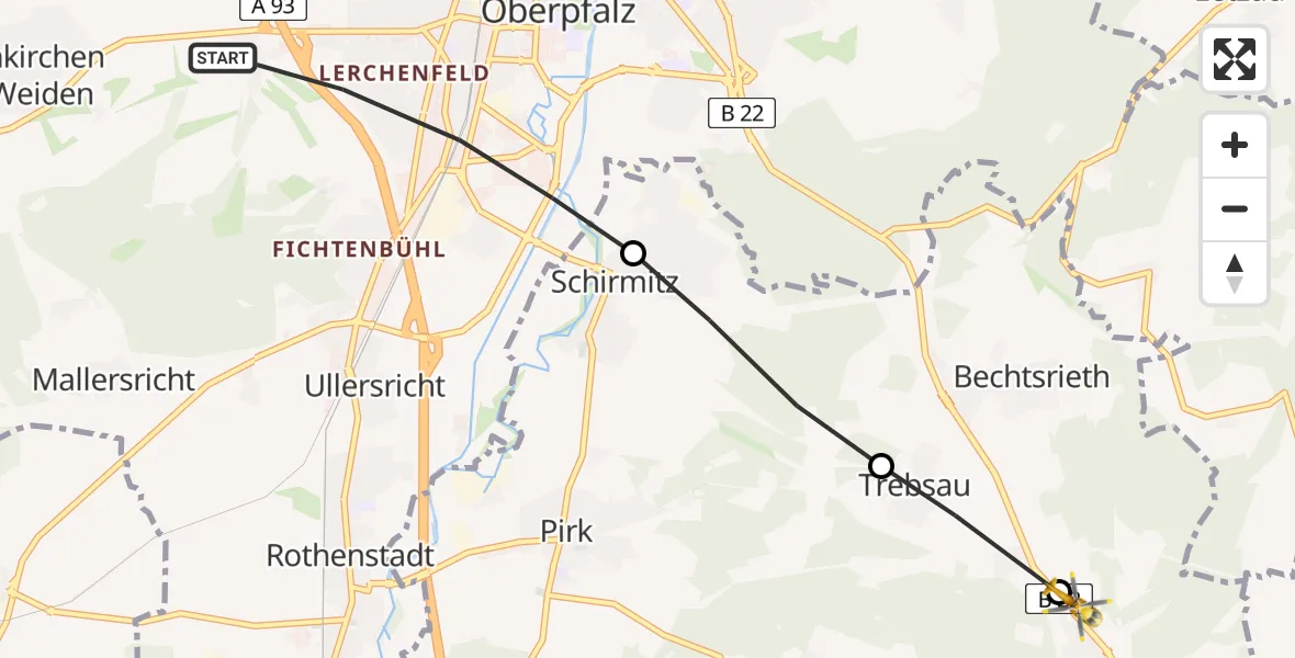 Flugroute Ambulanzhubschrauber Weiden i.d.OPf. - Irchenrieth, 05 August 2026, 15:43