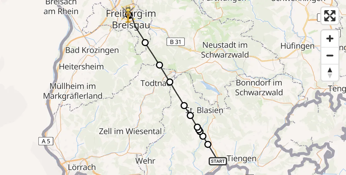 Flugroute Ambulanzhubschrauber Waldshut-Tiengen - Freiburg University Hospital Heliport 1, 05 August 2026, 15:55