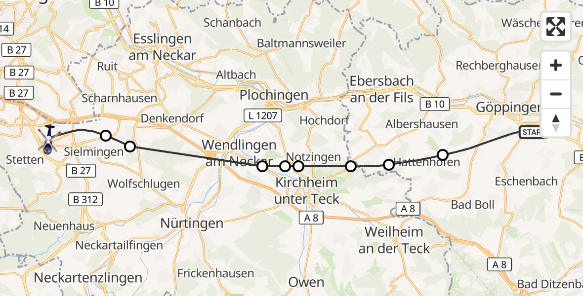 Flugroute Polizeihubschrauber Göppingen - Flughafen Stuttgart, 05 August 2026, 16:07
