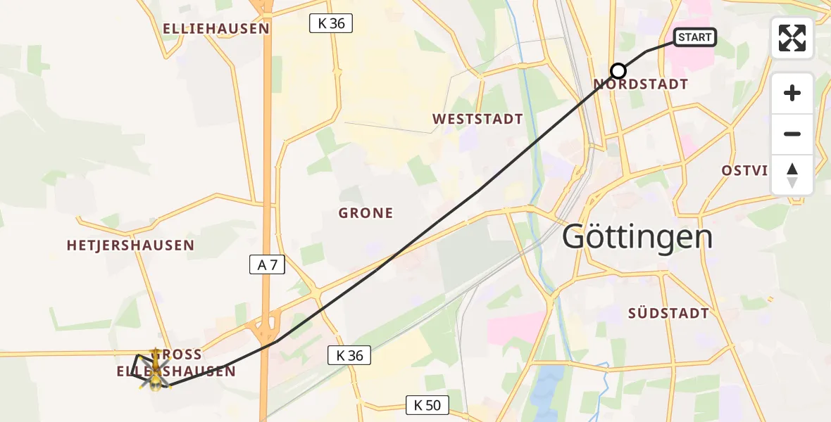 Flugroute Rettungshubschrauber Göttingen University Clinic Hubschrauberlandeplatz - Göttingen, 05 August 2026, 16:18