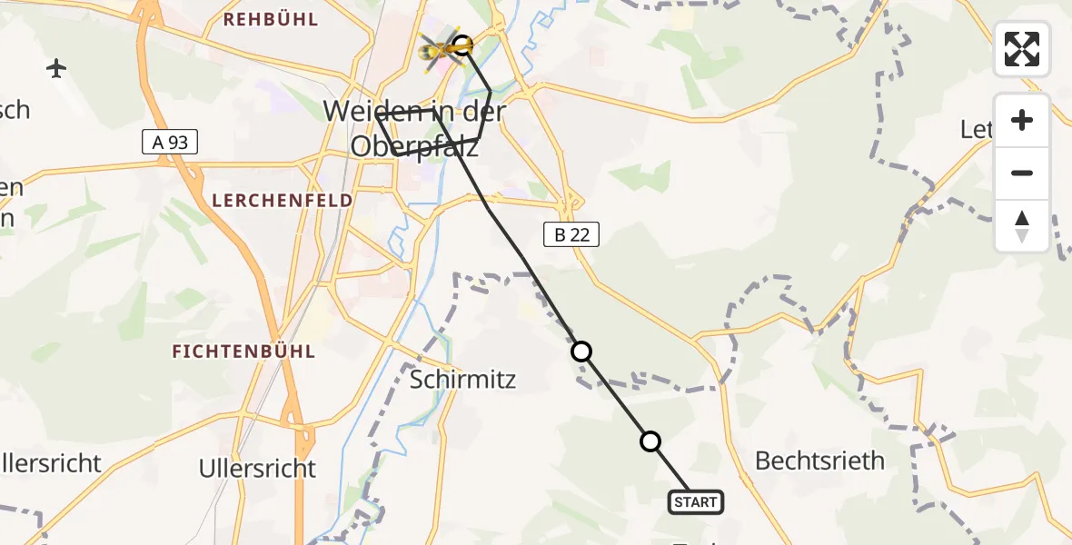 Flugroute Ambulanzhubschrauber Bechtsrieth - Weiden Hospital, 05 August 2026, 16:19