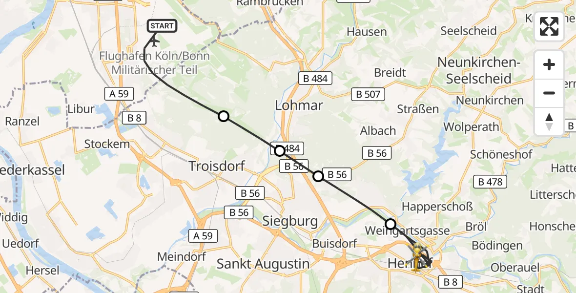 Flugroute Rettungshubschrauber Köln Bonn Flughafen - Hennef (Sieg), 05 August 2026, 16:22
