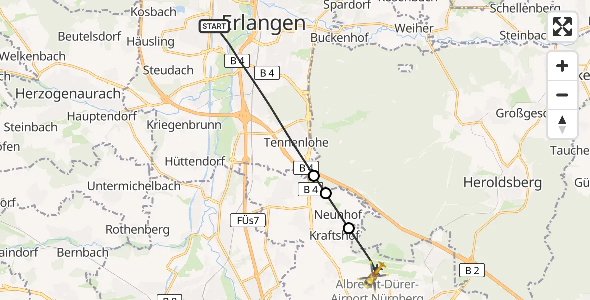 Flugroute Ambulanzhubschrauber Erlangen - Flughafen Nuremberg, 05 August 2026, 16:24