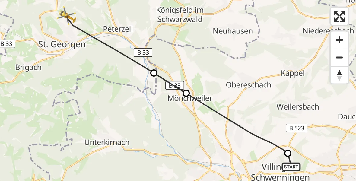 Flugroute Ambulanzhubschrauber DRF Air Rescue Station Villingen-Schwenningen Hubschrauberlandeplatz (Christoph 11) - St. Georgen im Schwarzwald, 05 August 2026, 16:32