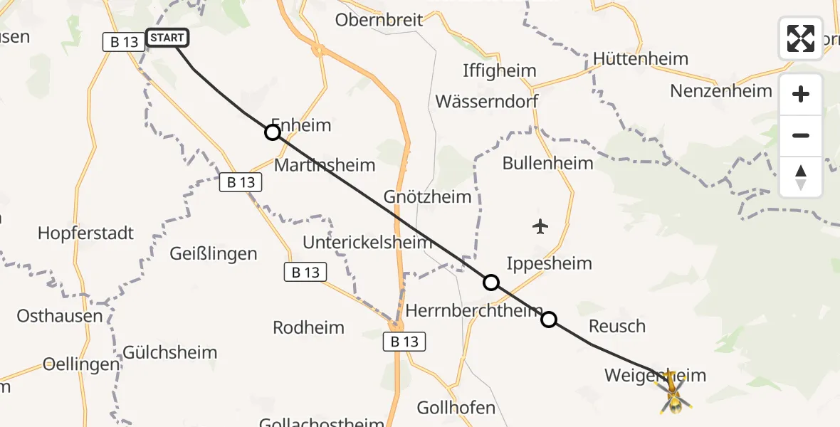 Flugroute Rettungshubschrauber Marktbreit - Weigenheim, 05 August 2026, 16:39