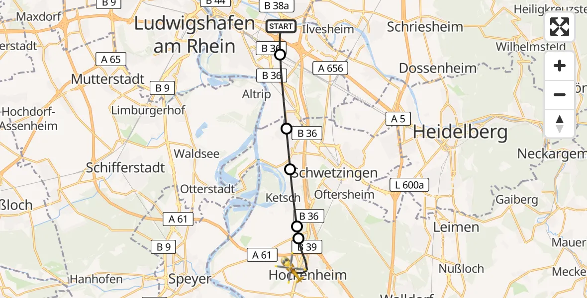 Flugroute Rettungshubschrauber Mannheim-City Flughafen - Hockenheim Flugplatz, 05 August 2026, 16:41