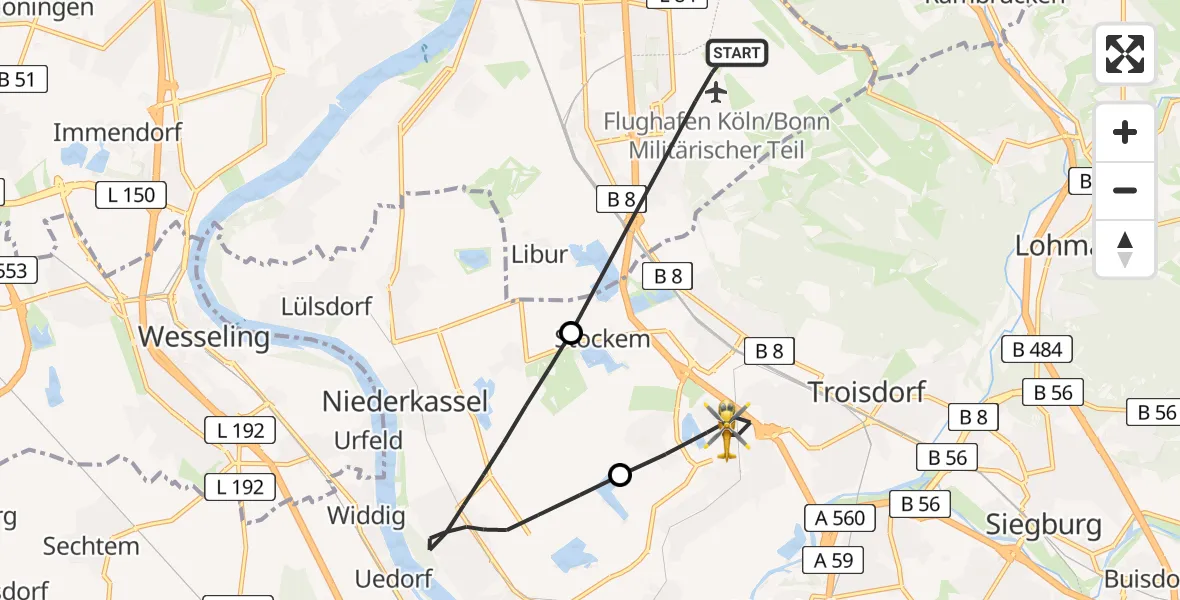Flugroute Ambulanzhubschrauber Köln Bonn Flughafen - Troisdorf, 05 August 2026, 16:51