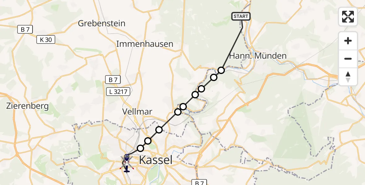 Flugroute Polizeihubschrauber Hann.Münden - Kassel, 05 August 2026, 16:52