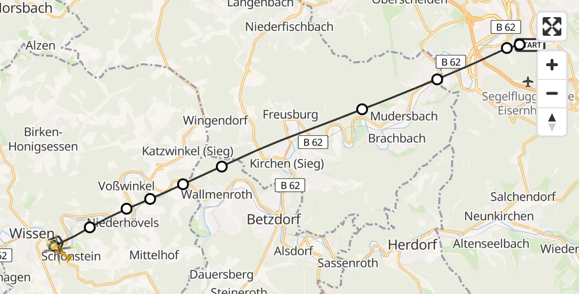 Flugroute Rettungshubschrauber Evangelisches Jung-Stilling Hospital - Wissen, 05 August 2026, 16:57