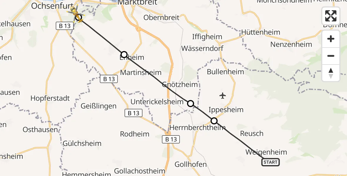 Flugroute Rettungshubschrauber Weigenheim - Ochsenfurt Hospital, 05 August 2026, 17:00