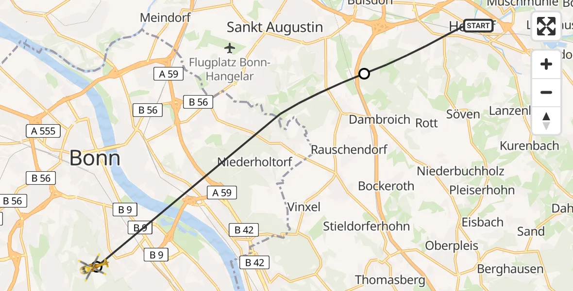 Flugroute Rettungshubschrauber Hennef (Sieg) - Bonn University Hospital, 05 August 2026, 17:03