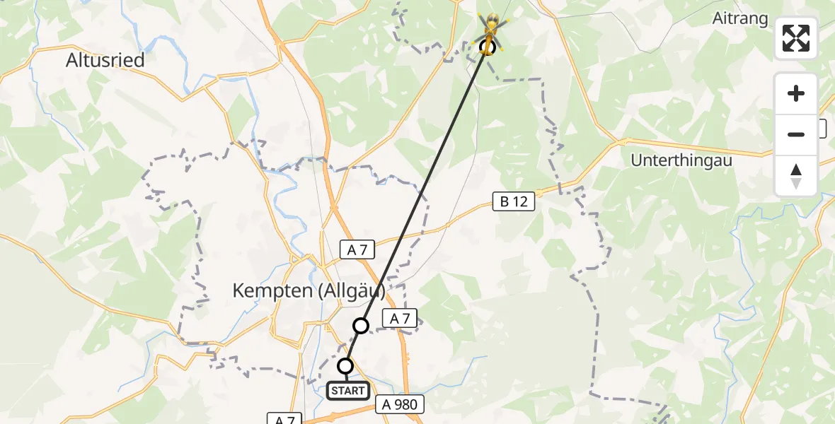 Flugroute Rettungshubschrauber Kempten-Durach Flugplatz - Günzach, 05 August 2026, 17:04