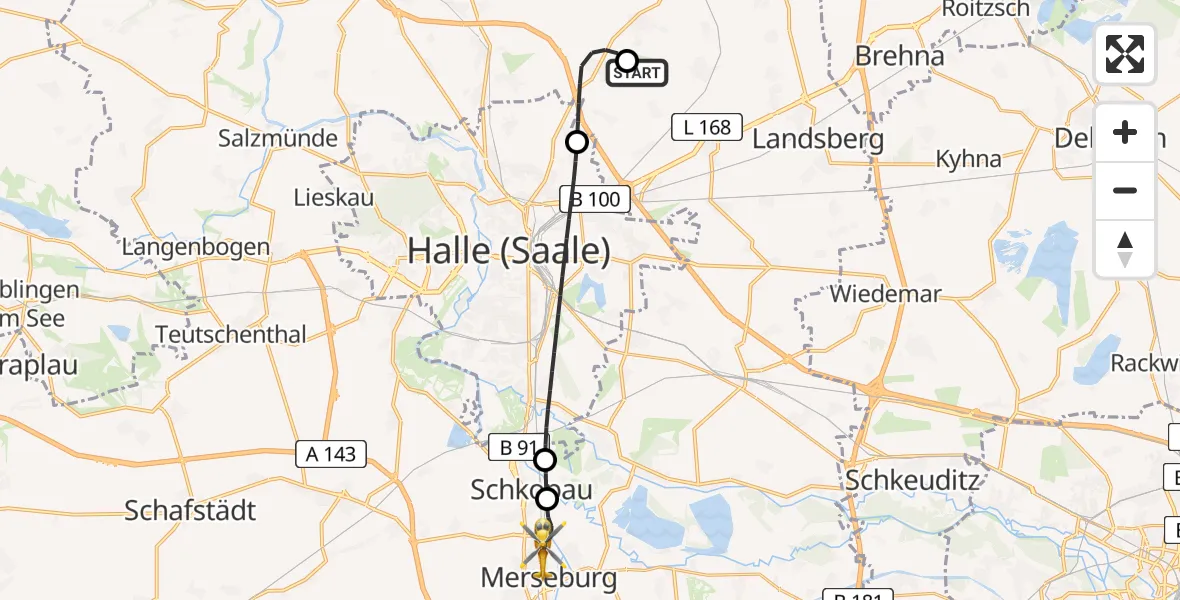 Flugroute Rettungshubschrauber Halle-Oppin Flugplatz - Merseburg, 05 August 2026, 17:08