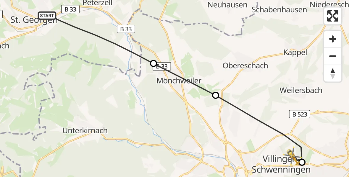 Flugroute Ambulanzhubschrauber St. Georgen im Schwarzwald - DRF Air Rescue Station Villingen-Schwenningen Hubschrauberlandeplatz (Christoph 11), 05 August 2026, 17:09