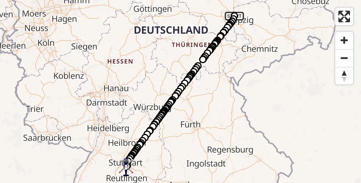 Flugroute Polizeihubschrauber Flughafen Leipzig/Halle - Flughafen Stuttgart, 05 August 2026, 17:19