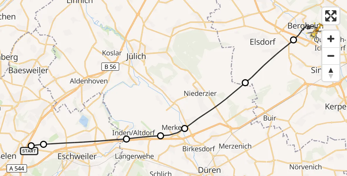 Flugroute Rettungshubschrauber Aachen-Merzbrück Flughafen - Bergheim, 05 August 2026, 17:25