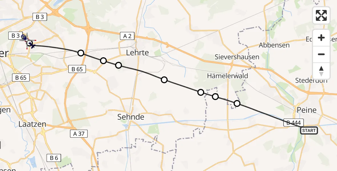 Flugroute Polizeihubschrauber Peine - Hannover Luftrettung Hubschrauberlandeplatz (Christoph 4), 05 August 2026, 17:26