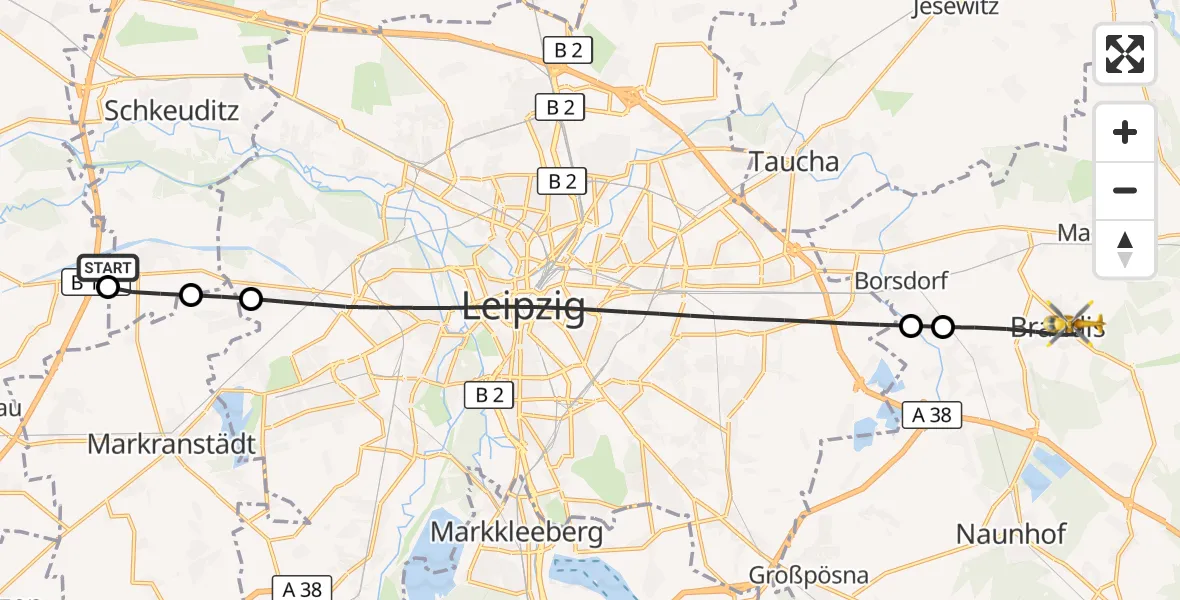 Flugroute Rettungshubschrauber ADAC Air Rescue Station Leipzig/Schkeuditz-Dölzig Hubschrauberlandeplatz (Christoph 61) - Brandis, 05 August 2026, 17:27