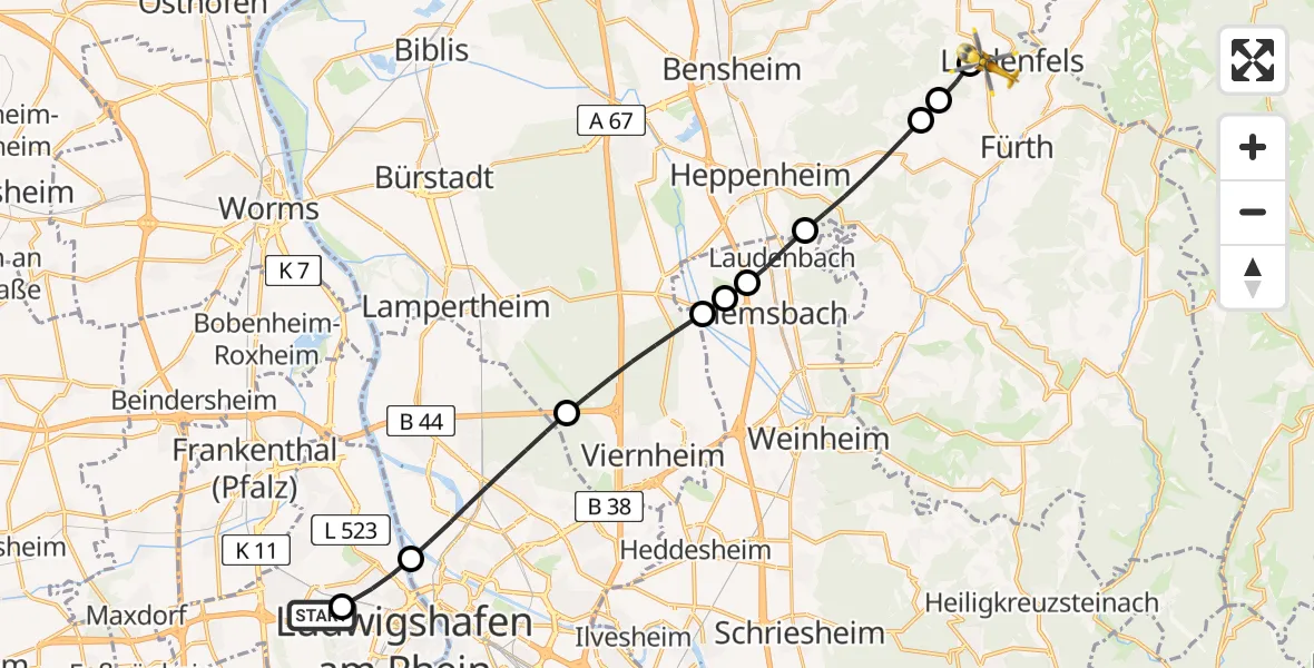 Flugroute Rettungshubschrauber Ludwigshafen Accident Hospital - Lindenfels, 05 August 2026, 17:36