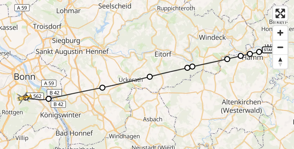 Flugroute Rettungshubschrauber Wissen - Bonn University Hospital, 05 August 2026, 17:42