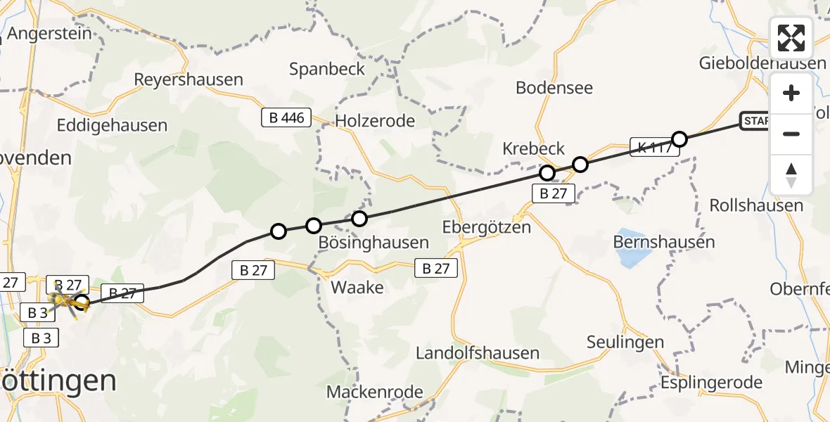 Flugroute Rettungshubschrauber Gieboldehausen - Göttingen University Clinic Hubschrauberlandeplatz, 05 August 2026, 17:46