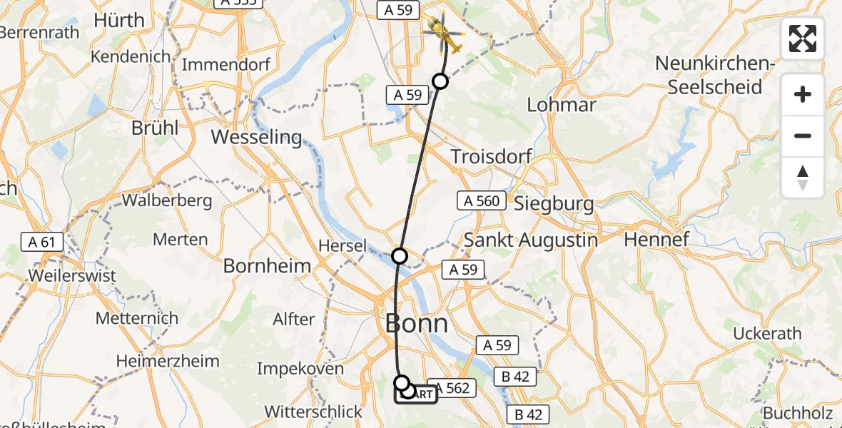 Flugroute Rettungshubschrauber Bonn University Hospital - Köln Bonn Flughafen, 05 August 2026, 17:52