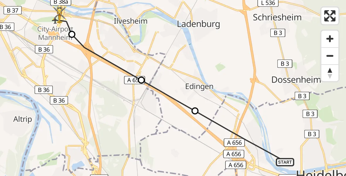 Flugroute Rettungshubschrauber Heidelberg - Mannheim-City Flughafen, 05 August 2026, 17:54