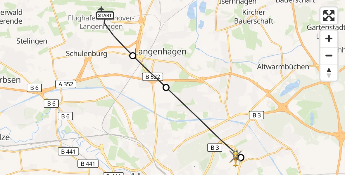 Flugroute Rettungshubschrauber Flughafen Hannover - Hannover Luftrettung Hubschrauberlandeplatz (Christoph 4), 05 August 2026, 18:01