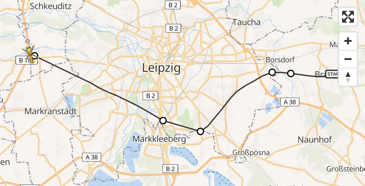 Flugroute Rettungshubschrauber Brandis - ADAC Air Rescue Station Leipzig/Schkeuditz-Dölzig Hubschrauberlandeplatz (Christoph 61), 05 August 2026, 18:07