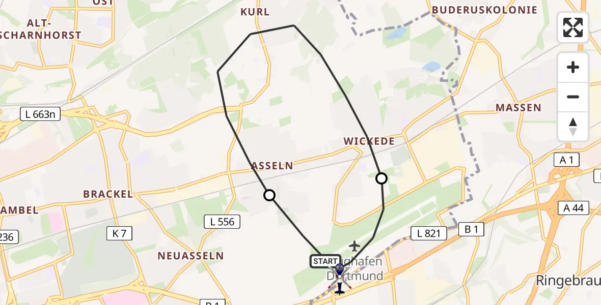 Flugroute Polizeihubschrauber Dortmund Flughafen - Dortmund Flughafen, 05 August 2026, 18:07