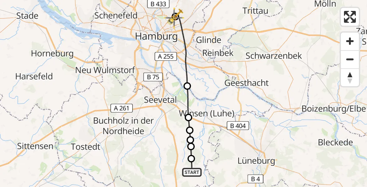 Flugroute Rettungshubschrauber Salzhausen - Hamburg Military Hospital, 05 August 2026, 18:10