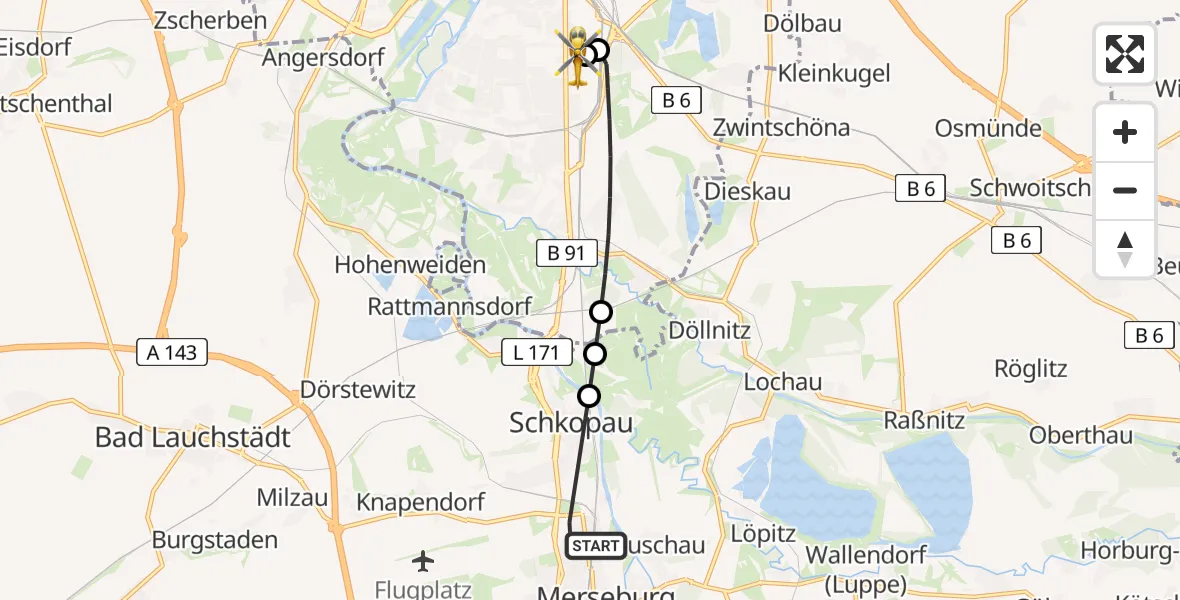 Flugroute Rettungshubschrauber Merseburg - BG Hospital Bergmannstrost Halle, 05 August 2026, 18:13