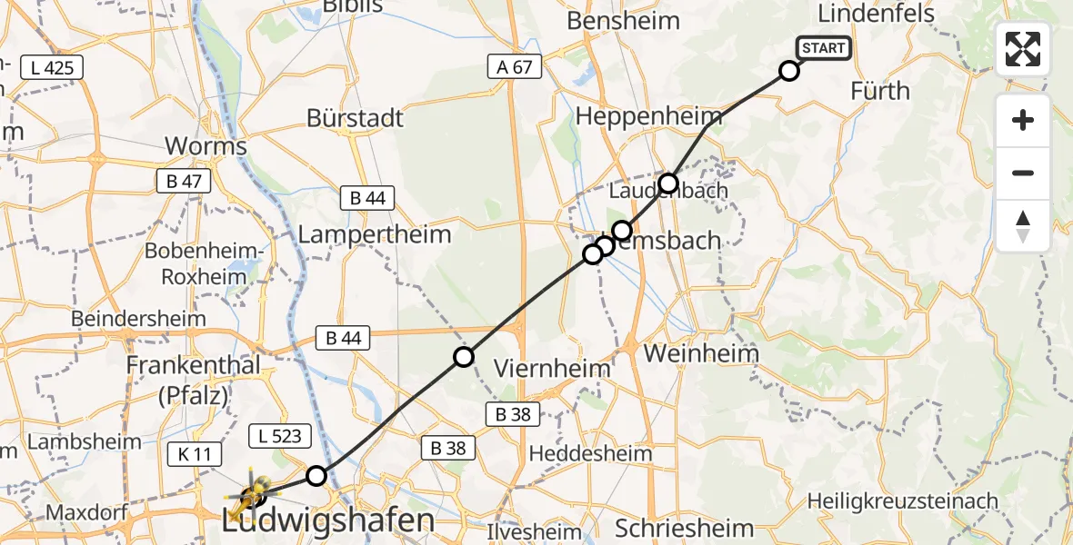 Flugroute Rettungshubschrauber Fürth - Ludwigshafen Accident Hospital, 05 August 2026, 18:14