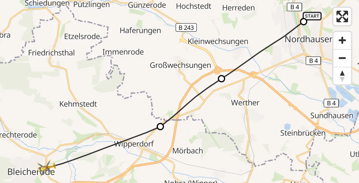 Flugroute Rettungshubschrauber Südharz Hospital Nordhausen - Bleicherode, 05 August 2026, 18:21