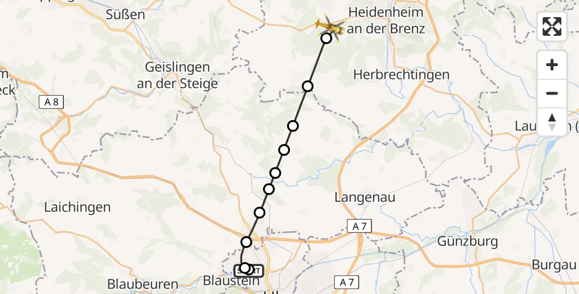 Flugroute Rettungshubschrauber Ulm Military Hospital Emergency - Steinheim am Albuch, 05 August 2026, 18:25