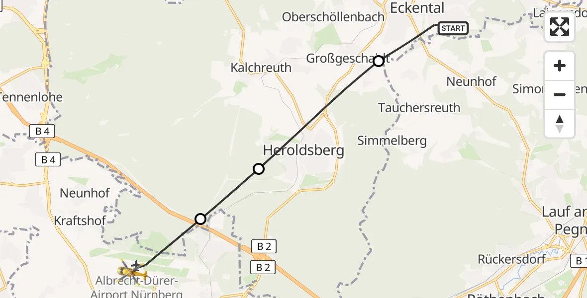 Flugroute Ambulanzhubschrauber Eckental - Flughafen Nuremberg, 05 August 2026, 18:30