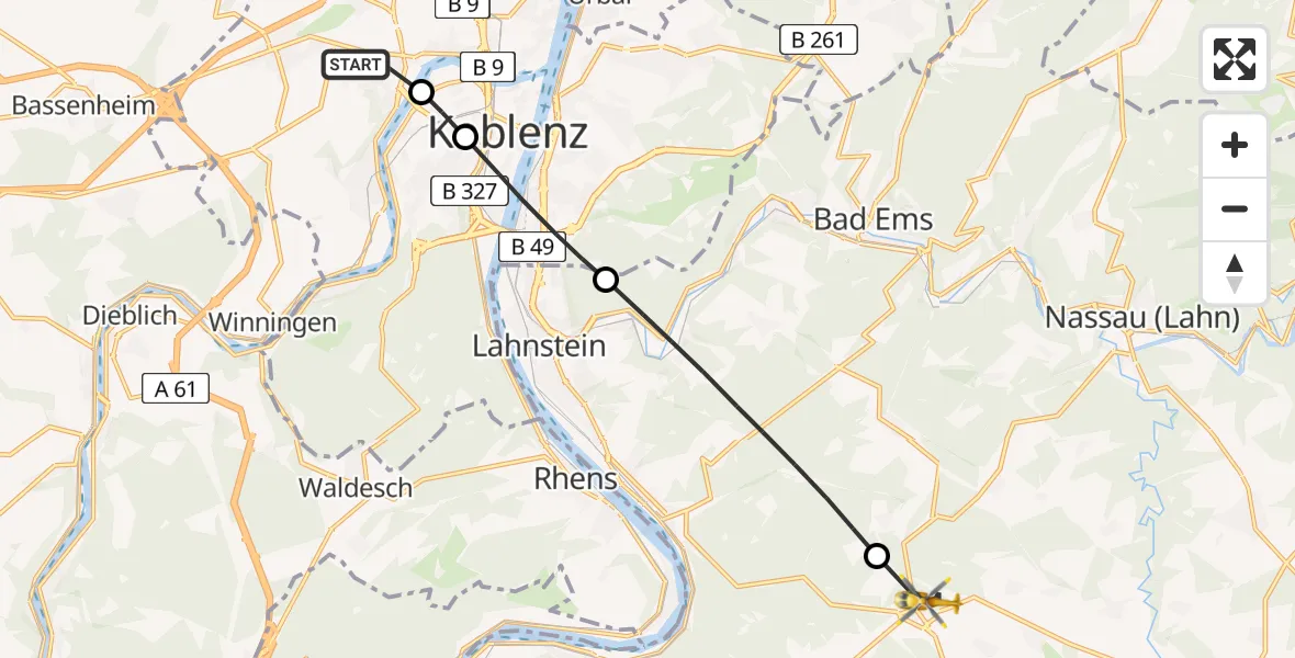 Flugroute Rettungshubschrauber Koblenz - Dachsenhausen, 05 August 2026, 18:31