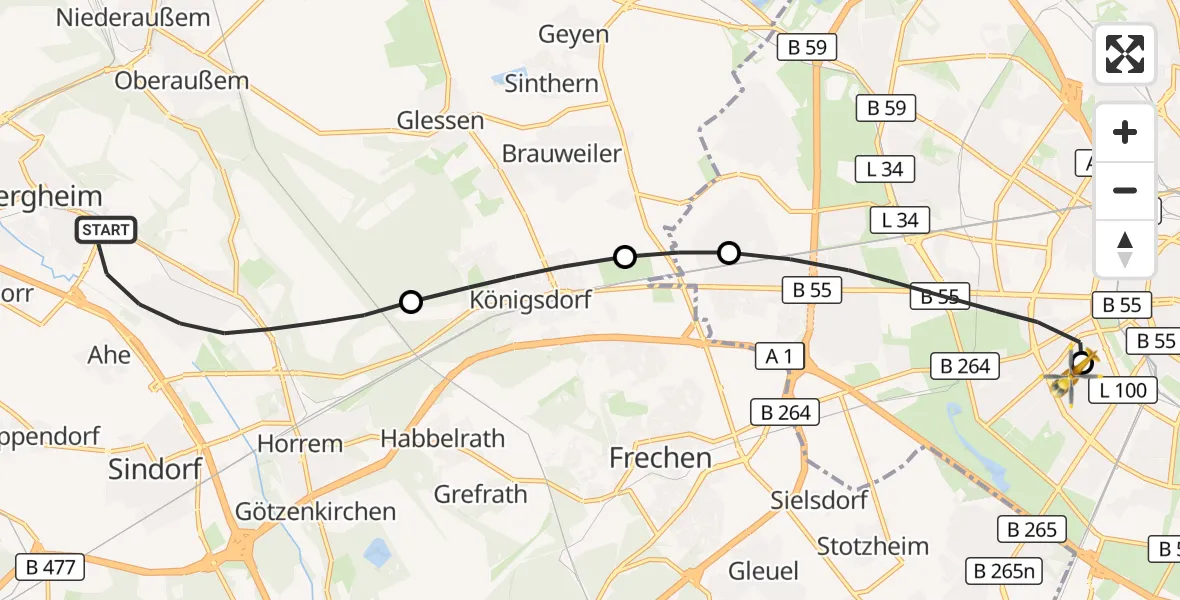 Flugroute Rettungshubschrauber Bergheim - Köln University Hospital, 05 August 2026, 18:32