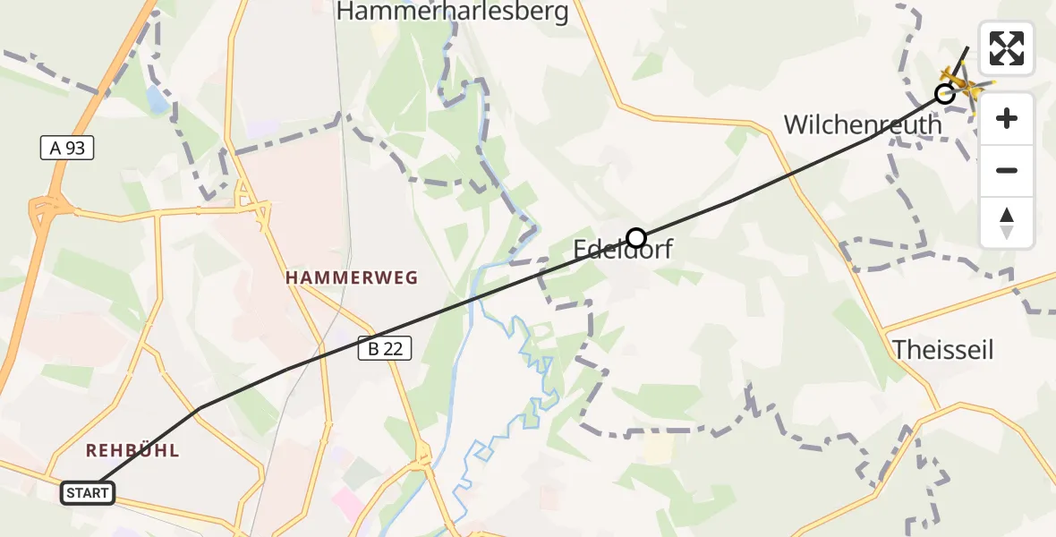 Flugroute Ambulanzhubschrauber Weiden i.d.OPf. - Floß, 05 August 2026, 18:42