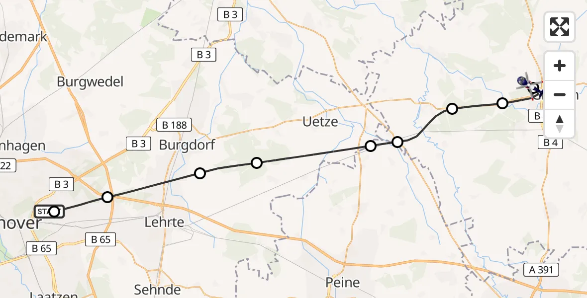 Flugroute Polizeihubschrauber Hannover Luftrettung Hubschrauberlandeplatz (Christoph 4) - Gifhorn Bundespolizei Hubschrauberlandeplatz, 05 August 2026, 18:54