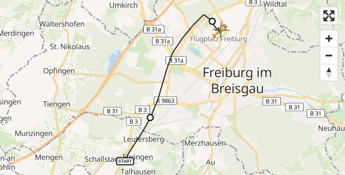 Flugroute Ambulanzhubschrauber Schallstadt - Freiburg im Breisgau Flugplatz, 05 August 2026, 18:54