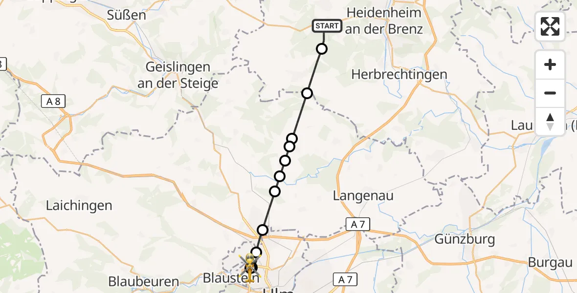 Flugroute Rettungshubschrauber Steinheim am Albuch - Ulm Military Hospital Emergency, 05 August 2026, 19:06