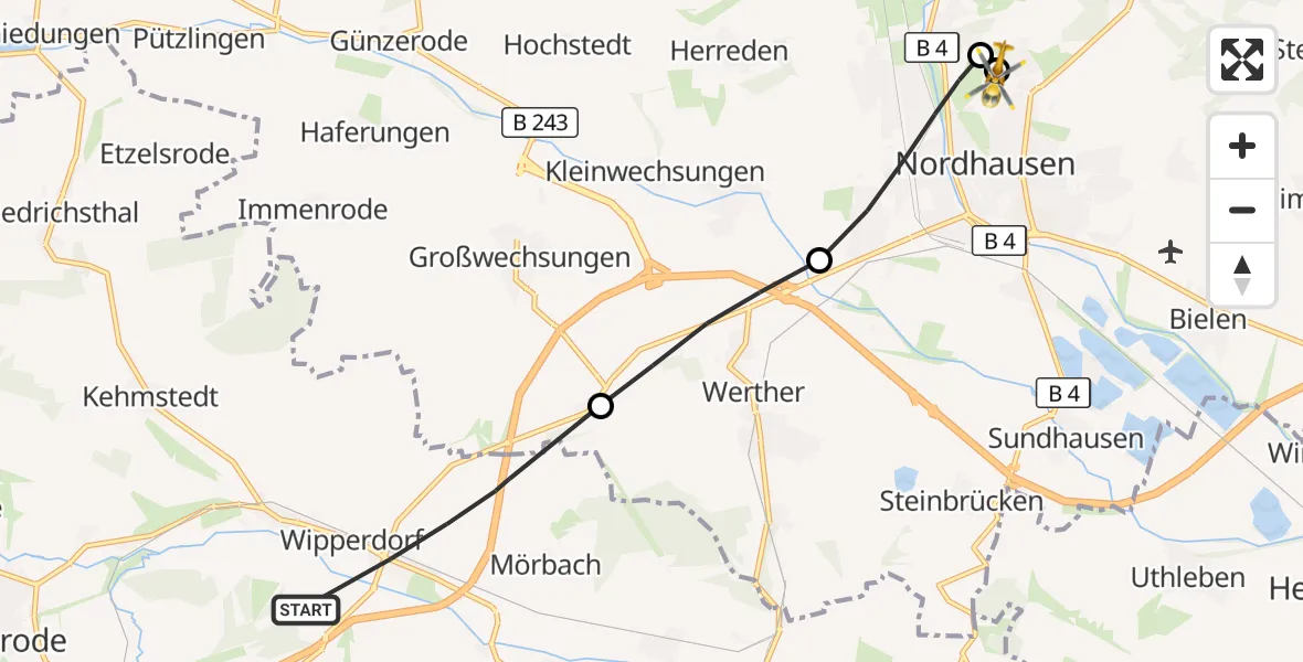 Flugroute Rettungshubschrauber Bleicherode - Südharz Hospital Nordhausen, 05 August 2026, 19:09