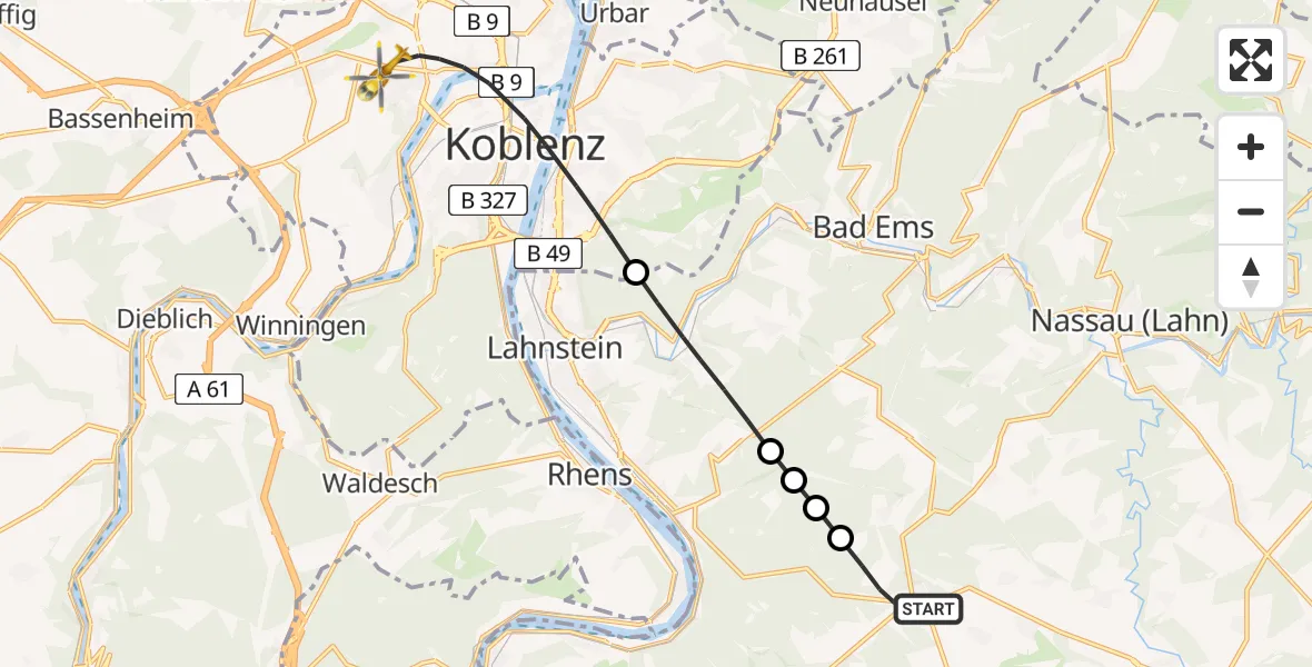 Flugroute Rettungshubschrauber Dachsenhausen - Koblenz, 05 August 2026, 19:15