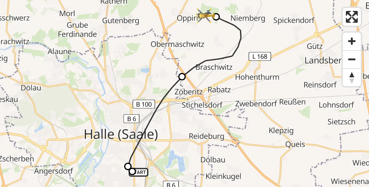 Flugroute Rettungshubschrauber BG Hospital Bergmannstrost Halle - Halle-Oppin Flugplatz, 05 August 2026, 19:15