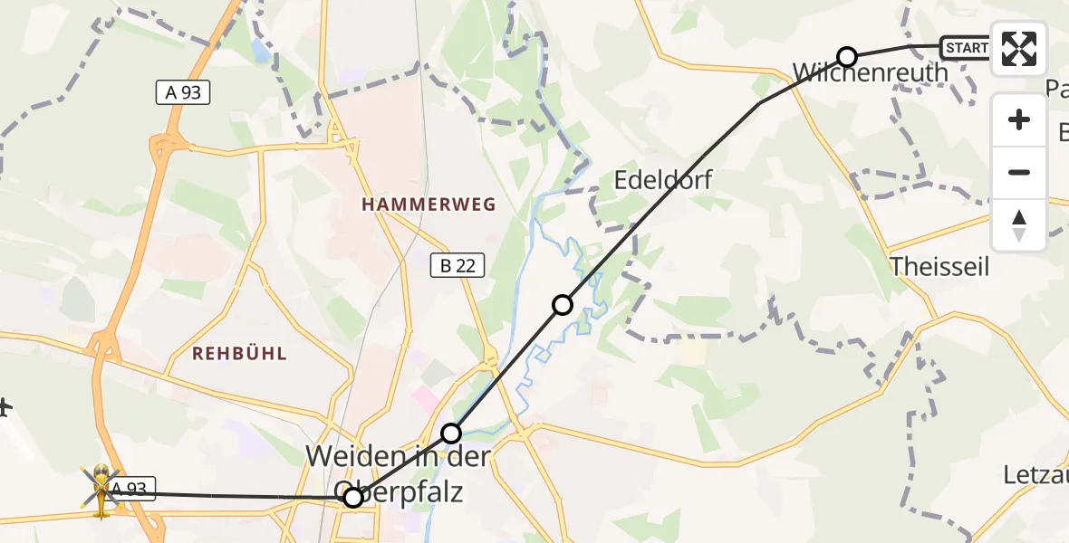 Flugroute Ambulanzhubschrauber Floß - Weiden i.d.OPf., 05 August 2026, 19:19