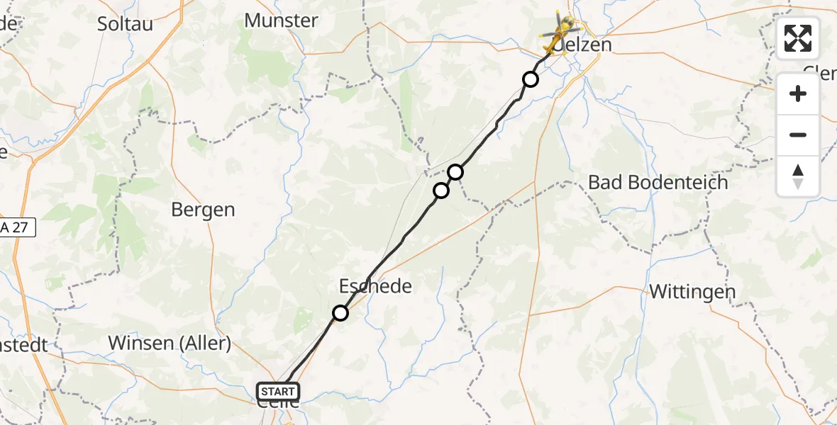Flugroute Rettungshubschrauber Celle - Uelzen, 05 August 2026, 19:22