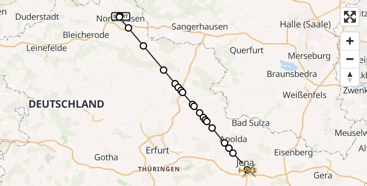 Flugroute Ambulanzhubschrauber Südharz Hospital Nordhausen - Lobeda Hubschrauberlandeplatz, 05 August 2026, 20:07
