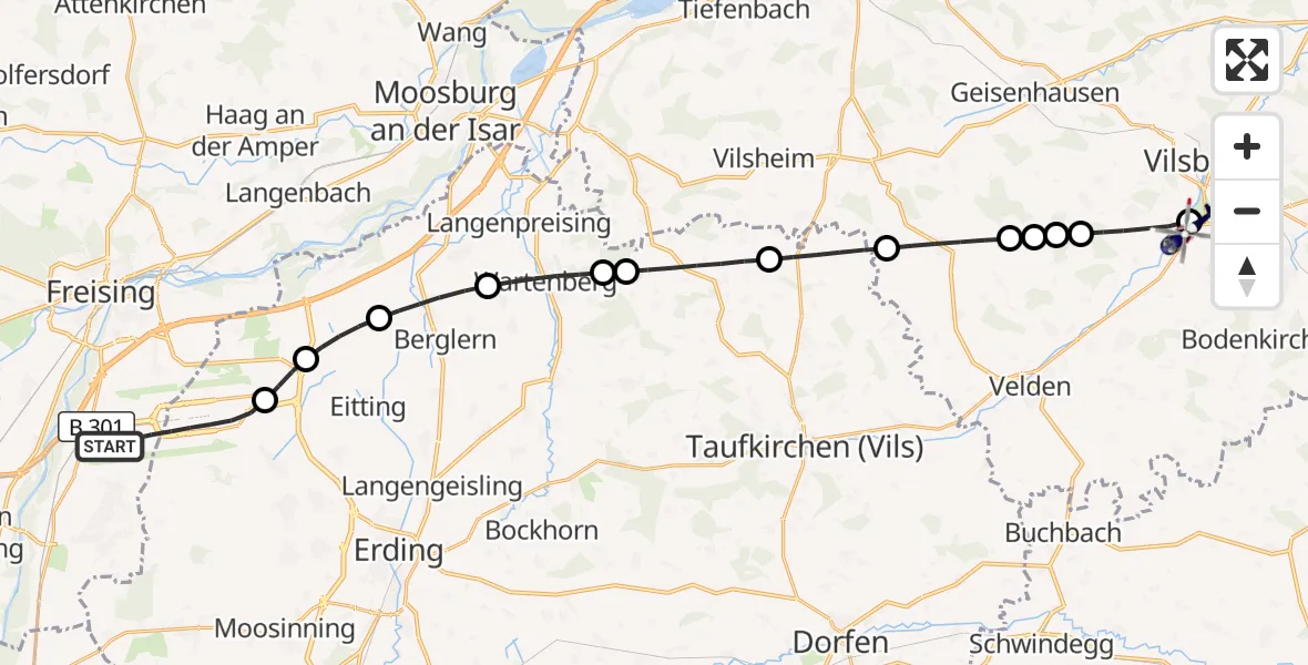 Flugroute Polizeihubschrauber München Flughafen - Vilsbiburg Flugplatz, 05 August 2026, 20:08
